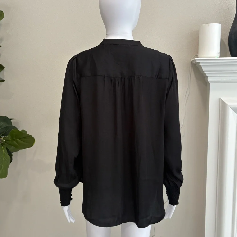 LOFT Black Satin Blouse Womens Size Small Smocked Long Puff Sleeve Fairy Goth